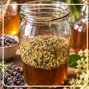 Lavendel Oxymel im Glas – Lavendel- und Holunderblüten in Honig und Apfelessig, daneben frischer Lavendel